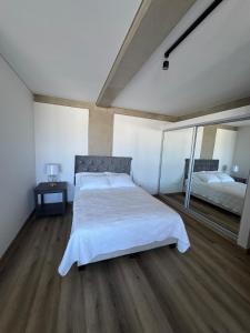 ティファナにあるComfortable condo in the heart of Tijuana 104の大きなベッドと鏡のある寝室