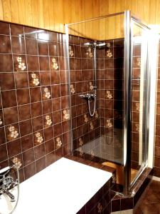ein Bad mit einer Dusche mit braunen Fliesen in der Unterkunft Apartament Classic Gdynia in Gdynia