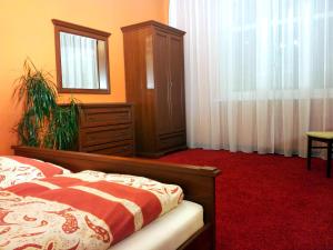 Schlafzimmer mit einem Bett, einer Kommode und einem Spiegel in der Unterkunft Apartament Classic Gdynia in Gdynia