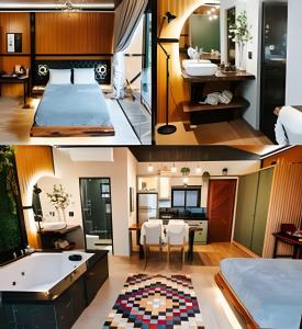 a bathroom and a bedroom with a tub and a sink at Cabana Vista Ilha/Santo Amaro da Imperatriz in Santo Amaro da Imperatriz +68 photos