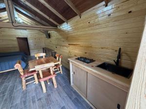 a cabin with a kitchen and a table and chairs at Cabañas La Esperanza in Creel +4 photos