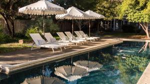 サンタローザにあるClementine By AvantStay Bright Modern Retreat w Pool Pool Table Large Patioのスイミングプールの隣の椅子とパラソルのグループ