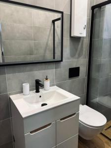 ein Badezimmer mit einem weißen Waschbecken und einer Toilette in der Unterkunft Apartament 87 in Jelenia Góra + 20 Fotos