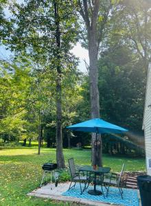 una mesa de picnic con una sombrilla azul en un parque en Nickz Cozy Cabin, en Fenton