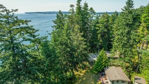 an aerial view of a house with trees and water at Mutiny Bay Waterfront Cabin by AvantStay Views in Freeland
