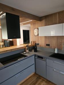 une cuisine avec des armoires grises et une horloge au mur dans l'établissement Costyn Apartments 1, à NuÃŸbaum