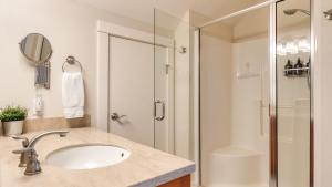 a bathroom with a sink and a shower at Sunny Backyard Fireplace Coastal Access in Peaceful Neighborhood Near Shopping in Langley +21 photos