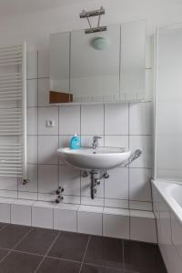 Un baño blanco con lavabo y espejo. en Ferienhäuser Bergfreiheit, en Winterberg 26 fotos más