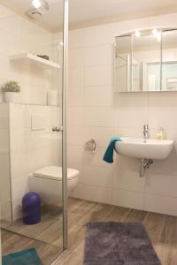 un baño con inodoro y lavabo en Ferienhof Friedenshof Hafer, en Vollerwiek