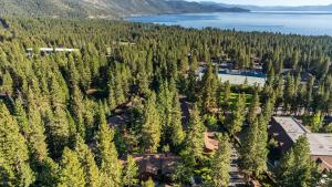 - une vue aérienne sur un complexe avec des arbres et un lac dans l'établissement Northwood Mountain Views Sauna Balcony Tahoe Group Retreat, à Incline Village