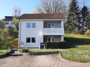 a white house with a driveway in front of it at Ferienwohnung Carina in Losheim