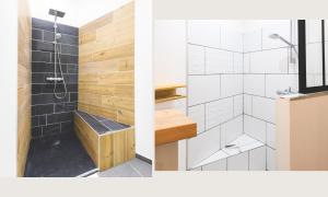 two views of a bathroom with a shower at Roanne Centre 6 pers Appartement Gare 10 min in Roanne +46 photos