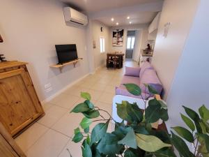 a living room with a couch and a tv at Studio cosy proche lac et centre ville in Soustons