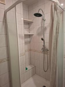 a shower with a glass door in a bathroom at Pokoje u Zbigniewa 