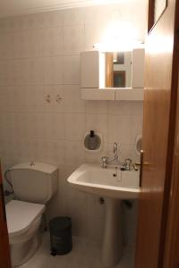a bathroom with a sink and a toilet and a mirror at Fay's Apartments II in Arachova