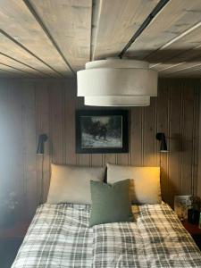 un dormitorio con una cama con dos almohadas en Modern Mountain Cabin With Views Over Slokovannet, en Haglebu 28 fotos más