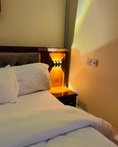 a bedroom with a bed and a lamp on a night stand at Boma Hill Residence Apartments by Monalisa in Morogoro