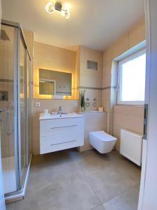 a bathroom with a sink and a toilet and a shower at Deluxe Apartment Nähe Festspielhaus mit Tiefgaragenstellplatz in Baden-Baden