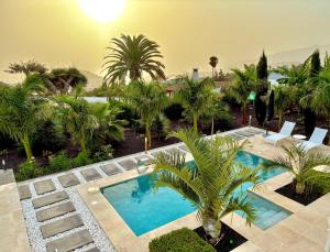 an image of a swimming pool with palm trees at Casa Tajuya in Los Llanos de Aridane