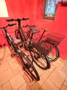 two bikes parked next to a red wall at Gritti Palace Morcote - Salvia - Loft by the lake with view of Morcote's church in Morcote