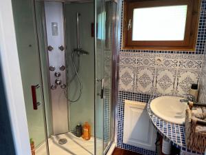 a bathroom with a shower and a sink at Péniche Helios - logement insolite indépendant in Metz