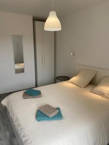 een slaapkamer met 2 handdoeken op een wit bed bij Échappée Loire in Saint-Nizier-sous-Charlieu +6 foto's