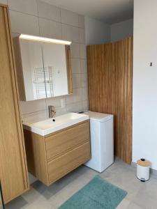 een badkamer met een wastafel, een toilet en een spiegel bij Échappée Loire in Saint-Nizier-sous-Charlieu