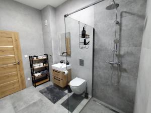 a bathroom with a shower and a toilet and a sink at Apartman Emily B311 in Veselé +23 photos