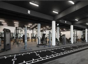 a gym with rows of exercise equipment and columns at Apartman Emily B311 in Veselé