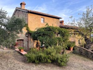 una vieja casa de ladrillo con plantas delante de ella en Antico Casale Casa Del Pozzo, en Barberino di Mugello