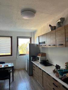 a kitchen with a refrigerator and a table in it at Krzywa 27a apartament in Chełm