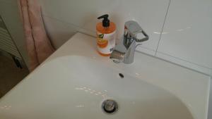 a sink with a bottle ofitizer on top of it at Zimmervermietung im Zentrum Waiblingens in Waiblingen +15 photos