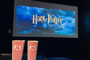 two red and white popcorn cups in front of a screen at Wizards Lodge in Malmedy