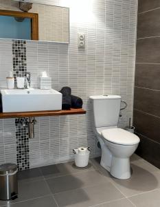 ein Badezimmer mit einer weißen Toilette und einem Waschbecken in der Unterkunft Gîte trois étoiles, maison de campagne in Fiac