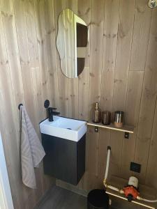 a bathroom with a sink and a mirror at Gjeterhytta in Stavanger