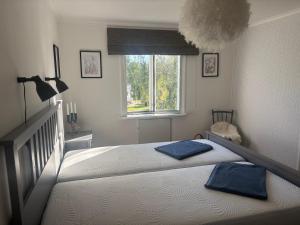 a bedroom with two beds with blue pillows on them at Hus Brobacka in Moholm
