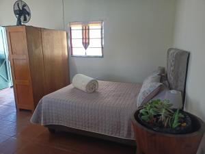 Un dormitorio con una cama y una planta en una maceta. en Mooi Uitsig Droom, en Beaufort West 2 fotos más
