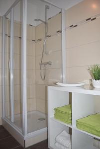 ein Bad mit einer Dusche und einer Glastür in der Unterkunft Ferienwohnungen Verma in Schwanau