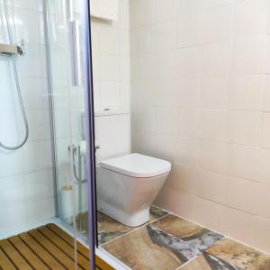 a bathroom with a toilet and a shower at Pago de Tharsys in Requena +40 photos