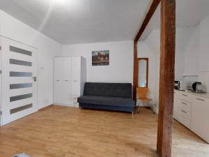 a living room with a couch and a kitchen at Centrum Lwowska in Warsaw
