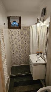 a small bathroom with a sink and a shower at Apartament Lux in Bucharest