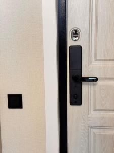 a black door handle on a white door at Premium Delux Astana in Zhezdi +1 photo