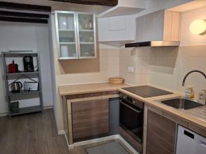 Scharrachbergheim IrmstettLe Repaire des Hirondelles - Le Colombage的厨房里有水槽和炉灶。