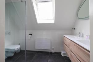 ein Badezimmer mit Toilette und Waschbecken und einem Fenster in der Unterkunft Beachvilla - 5 personen in Holle Poarte + 15 Fotos