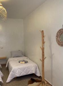 a bedroom with a bed and a tree on the wall at Titryte Hostel - chill rooftop in Aourir