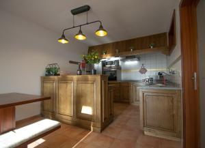 a large kitchen with wooden cabinets and a counter top at Casa dos Grous in Ponte de Lima
