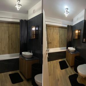 a bathroom with two sinks and two toilets at LCB Studio Braşov in Braşov +8 photos