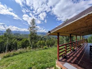 a porch of a house with a view of the mountains at Cabana doi mesteceni in Drumu Carului