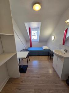 a small attic room with a bed and a sink at Budget Hôtel Weber - Strasbourg Centre Gare in Strasbourg