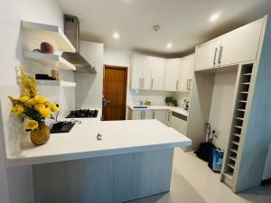 a kitchen with a counter with a vase of flowers on it at FairwaySkyGardenApartment19th floor in Sri Jayewardenepura Kotte +3 photos